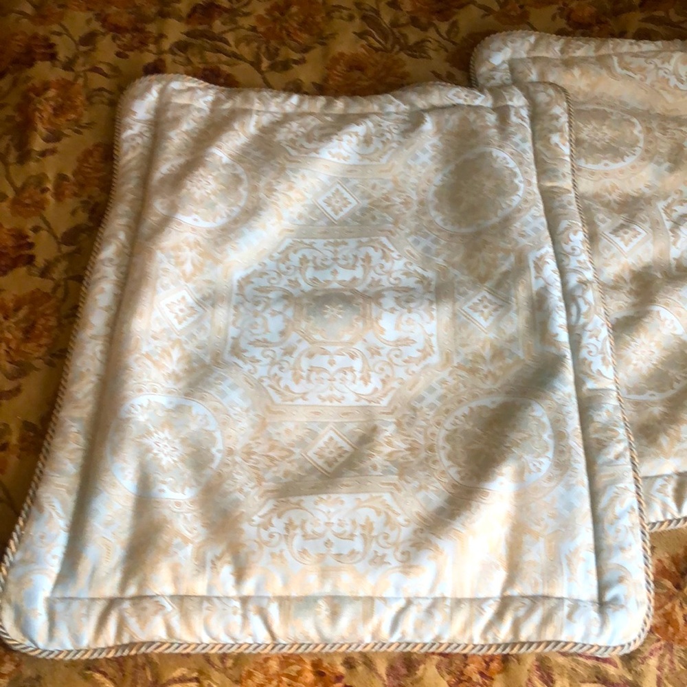 Croscill pale blue & gold standard pillow shams; jacquard, embroidered rope edge